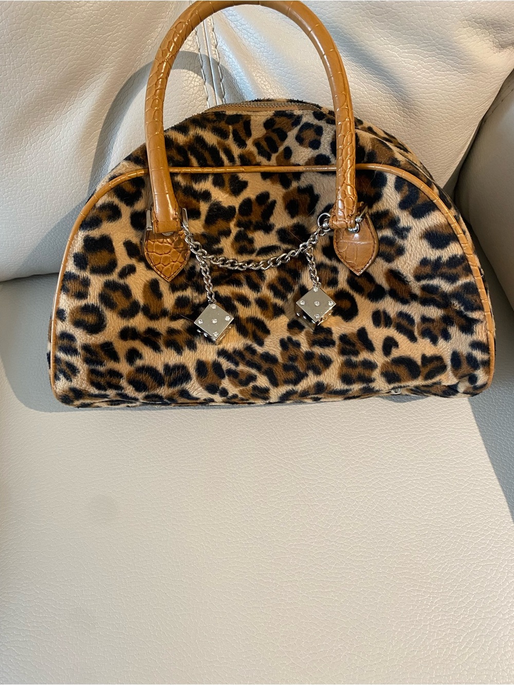 Dior Leopard Print Satchel with Tan Trim and Silver Chain Charms